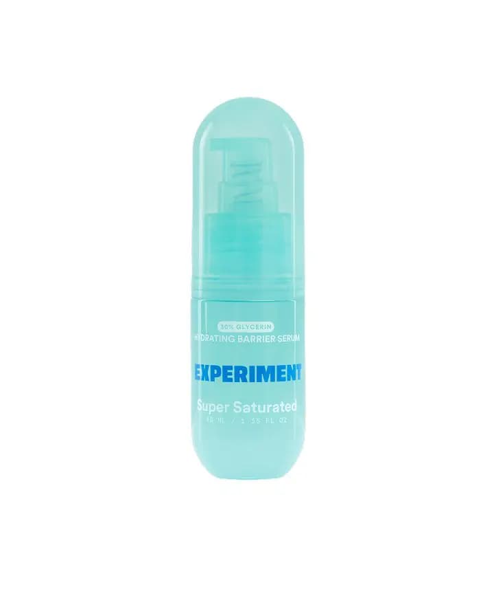 Teal pill-shaped Super Saturated 30% glycerin hydrating barrier serum pump bottle on a white background