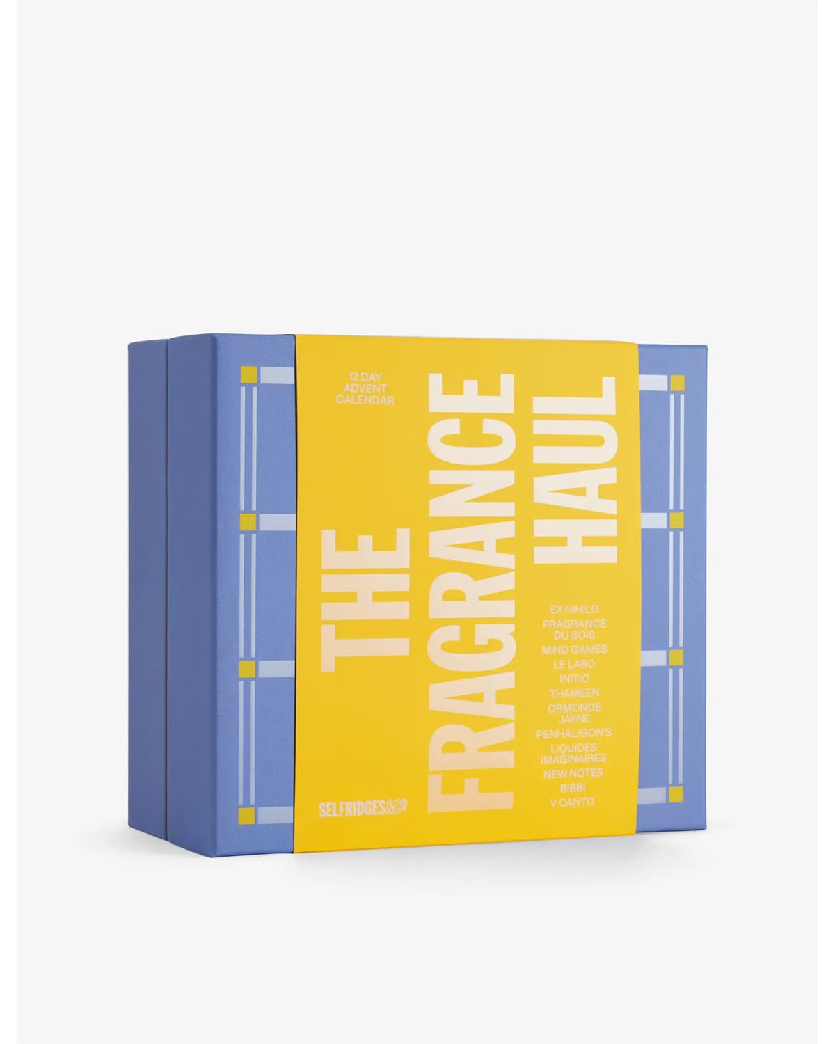 Closed blue box with a yellow band reading The Fragrance Haul, 12 Day Advent Calendar, listing brands on the front