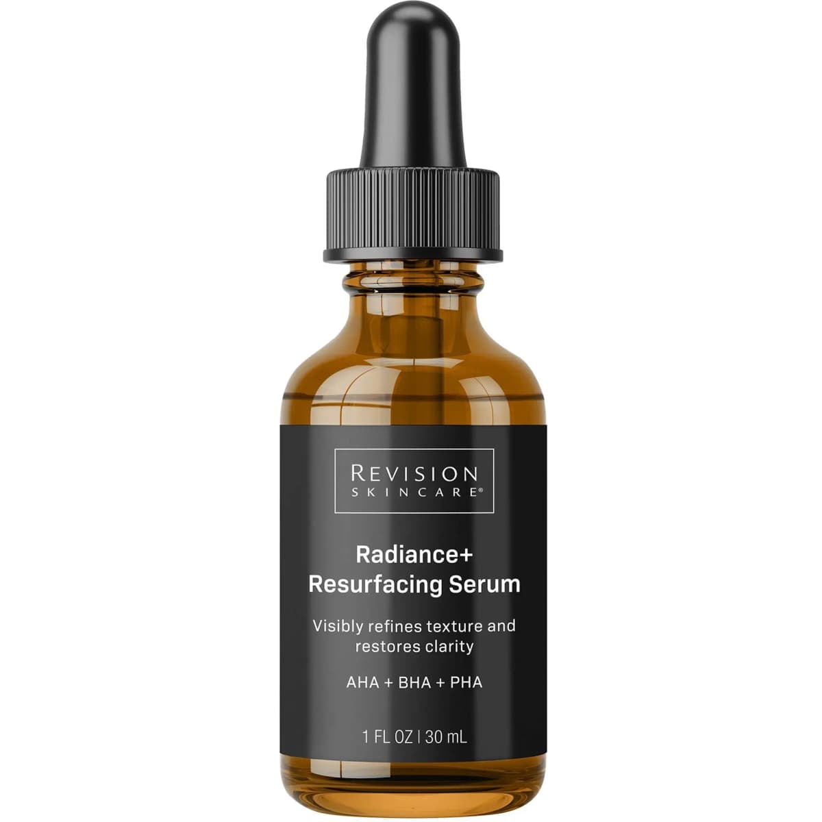 Revision Skincare Radiance+ Resurfacing Serum in an amber dropper bottle with black label, 30 ml