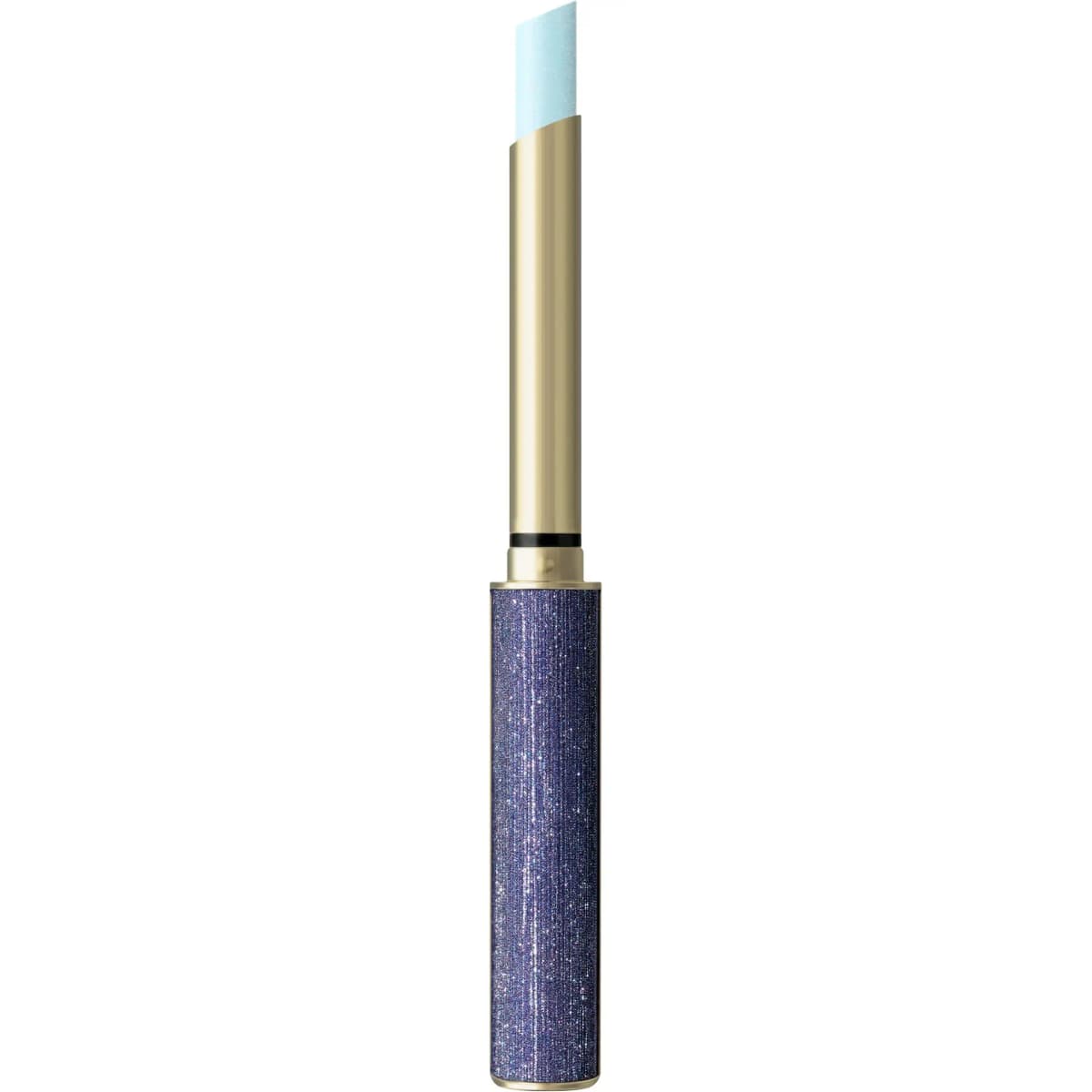 Lip balm with an icy pale-blue bullet in a gold sleeve and glittery navy base