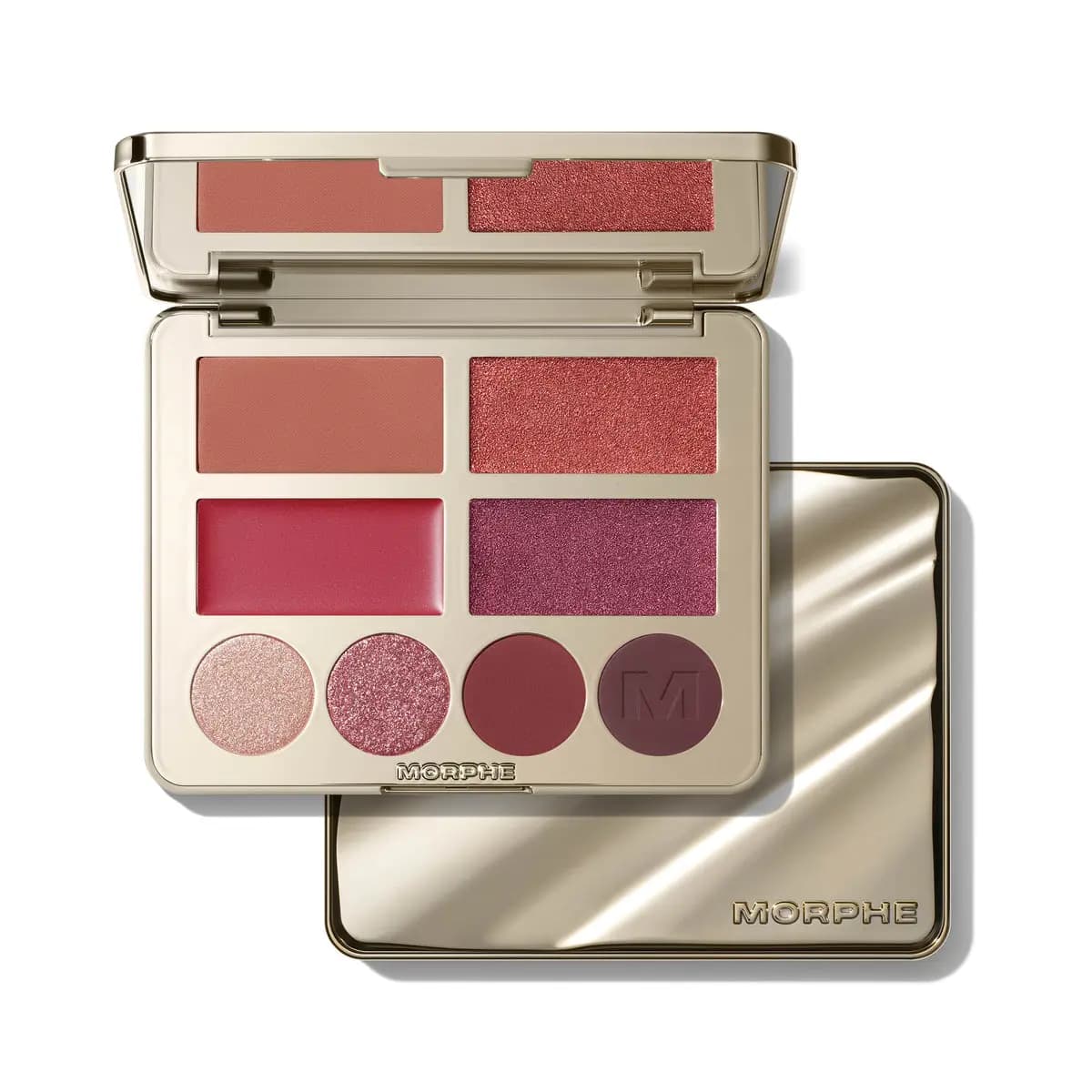 Open gold palette with terracotta and berry blushes, red cream lip shade and four rose-to-plum eyeshadows beside its lid