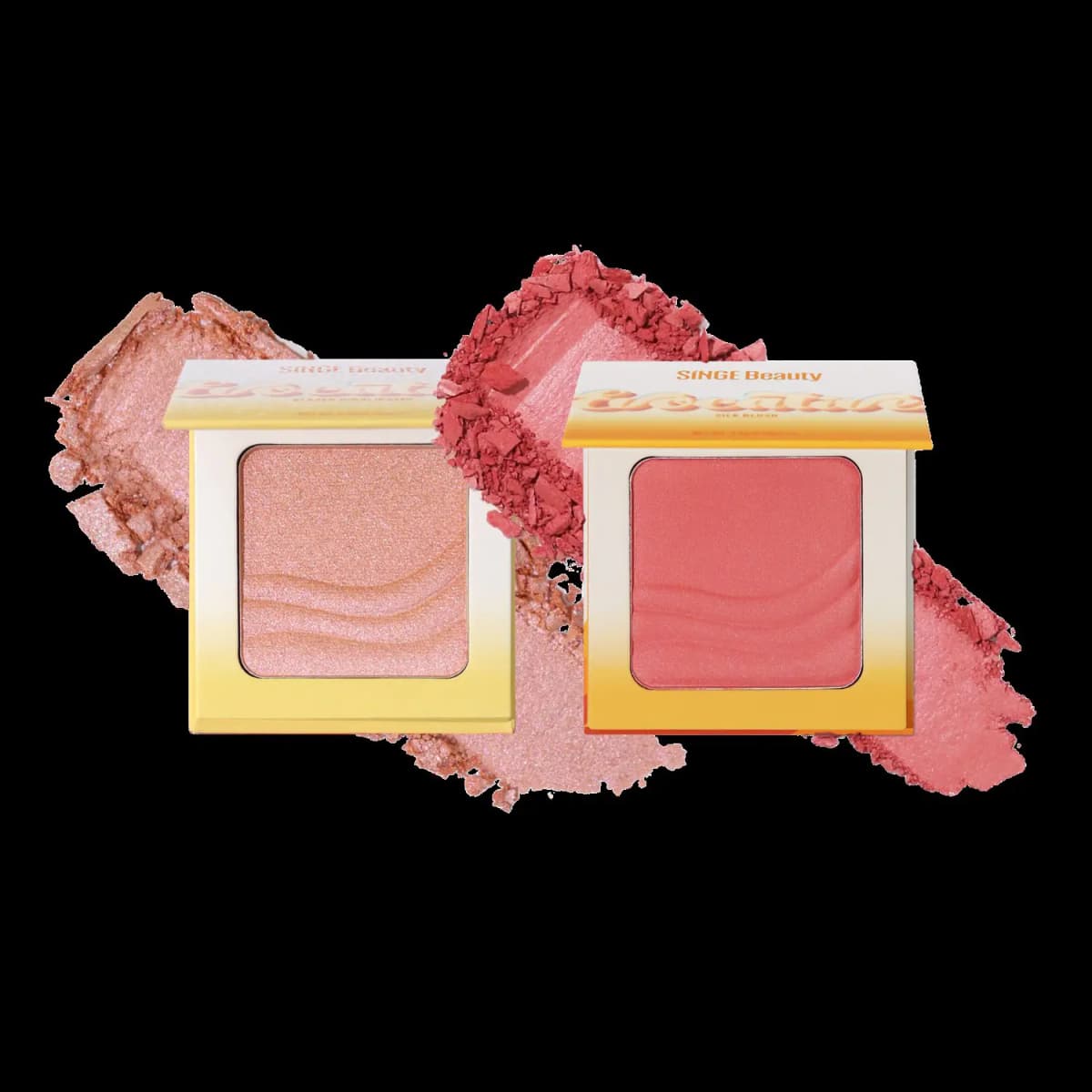 Two SINGE compacts side by side, a peachy glazed highlighter and a coral-pink silk blush over matching swatches