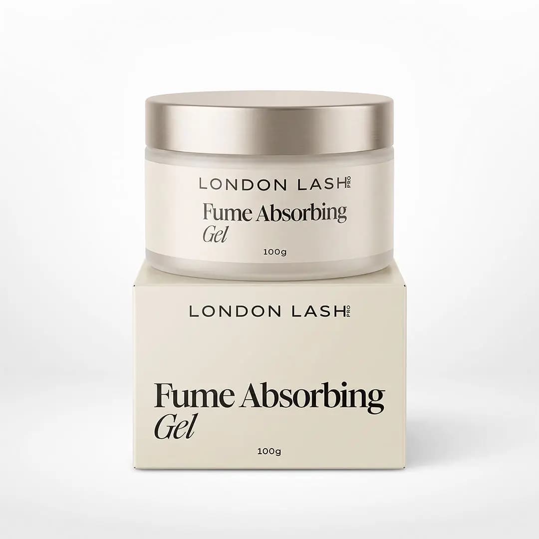London Lash Pro Fume Absorbing Gel 100g jar with metallic lid displayed on top of its cream packaging box