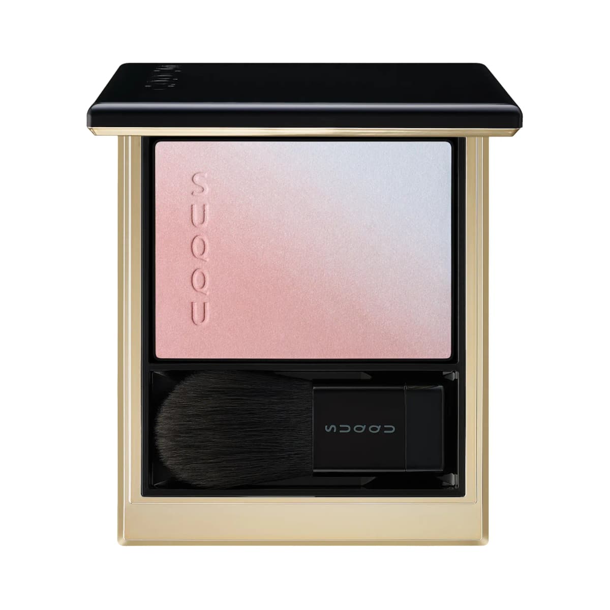 Blush compact with a pink-to-icy-blue gradient pan and a black-handled brush