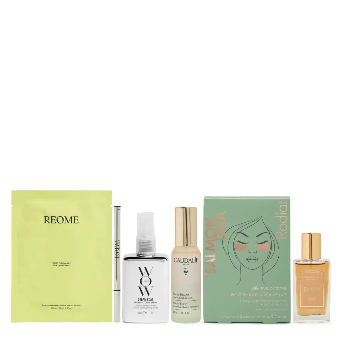 REOME sheet mask, Isamaya pencil, Color Wow Dream Coat, Caudalie Beauty Elixir, Rodial eye patches and Granado perfume