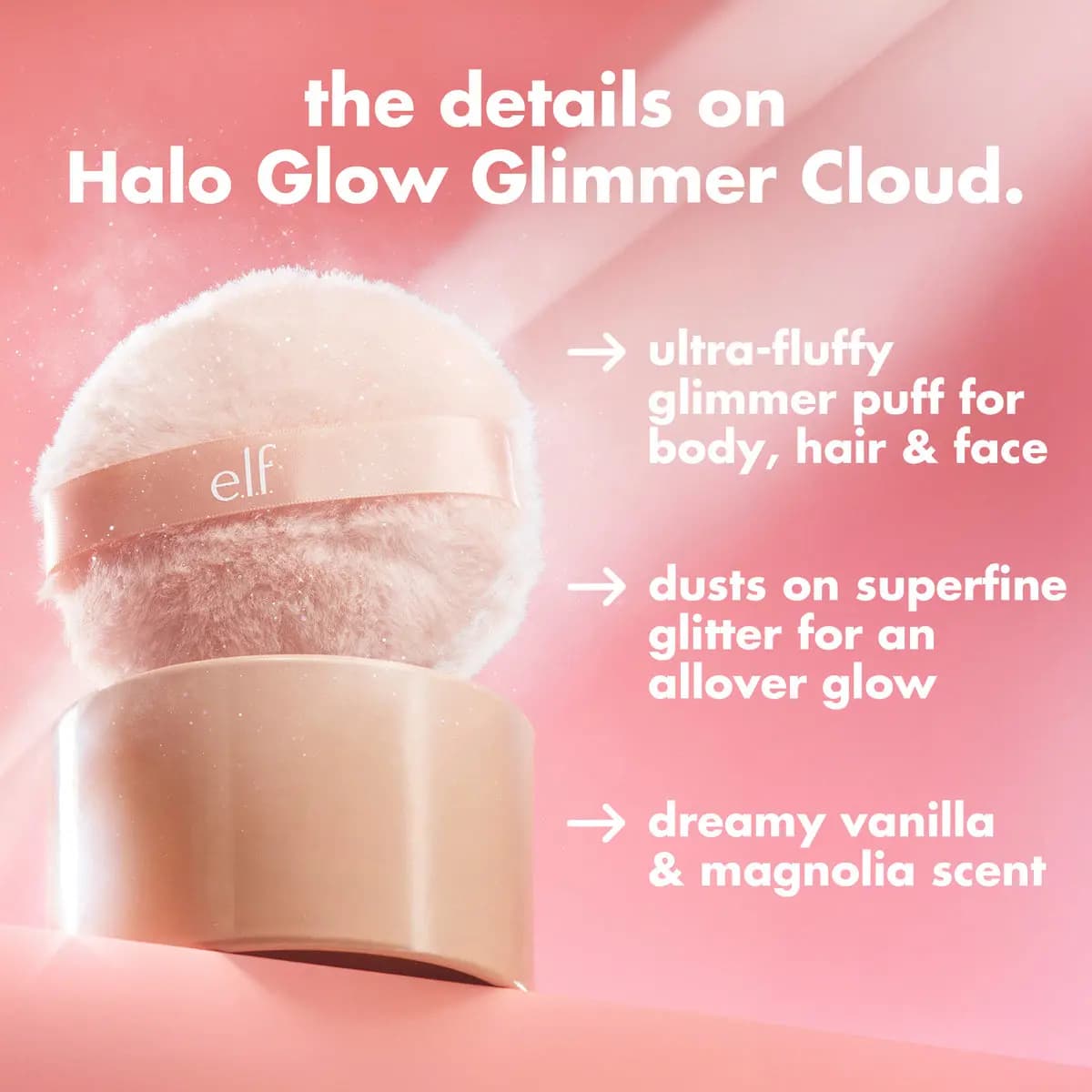 Puff sitting on its peach jar with text listing glitter puff, superfine glitter and vanilla & magnolia scent