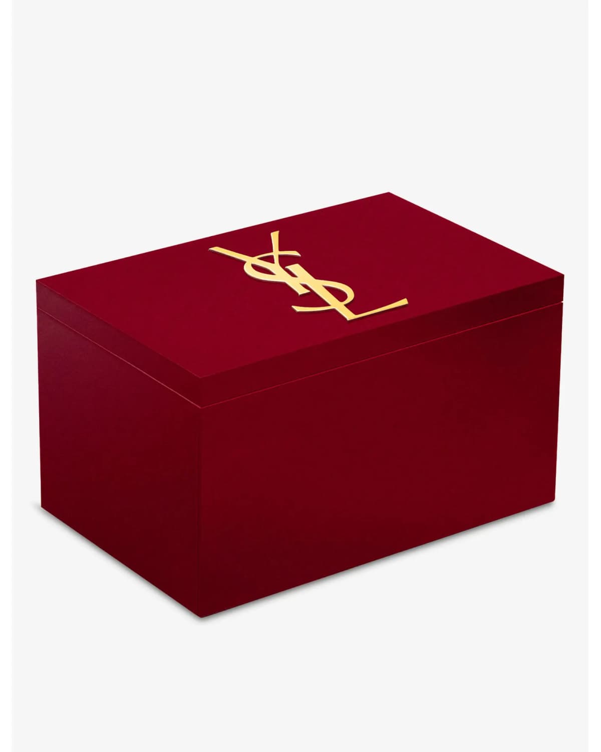 Closed burgundy YSL Advent Calendar box with a large gold Cassandre logo on the lid, set against a white background.