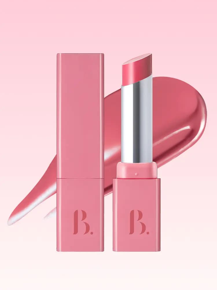 Pink square lipstick case beside an open bubblegum pink bullet with a glossy pink swatch