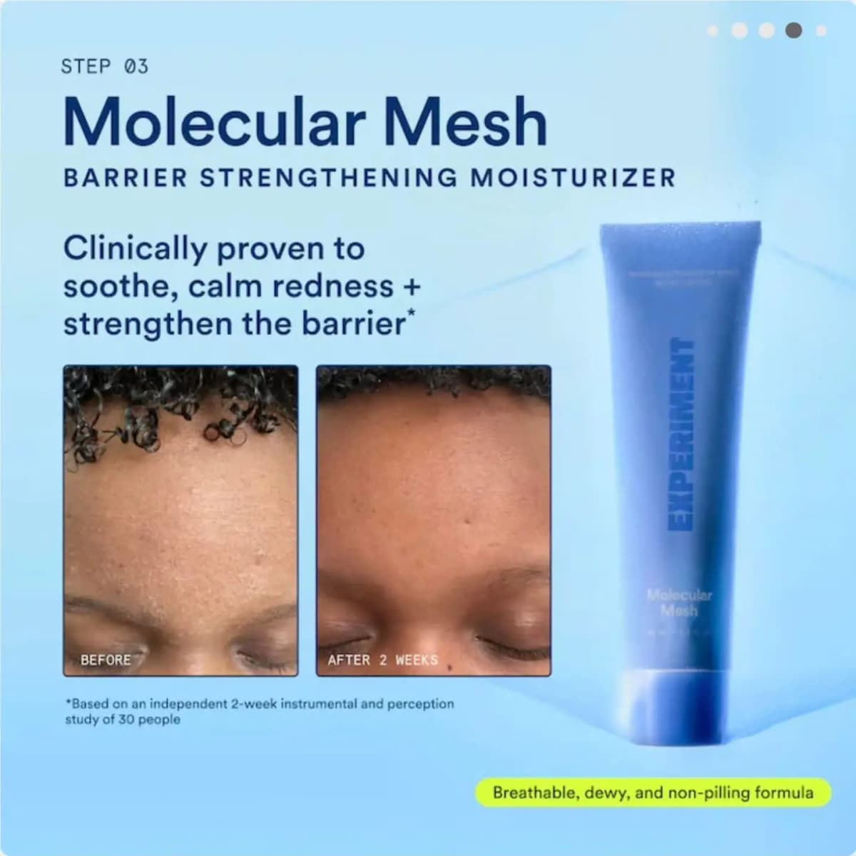 Blue Molecular Mesh moisturiser tube beside before and after close-ups of a forehead with dry, bumpy skin
