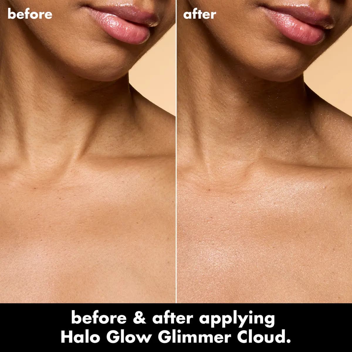 Before-and-after of a model's neck and collarbone, the after side showing a subtle shimmery sheen
