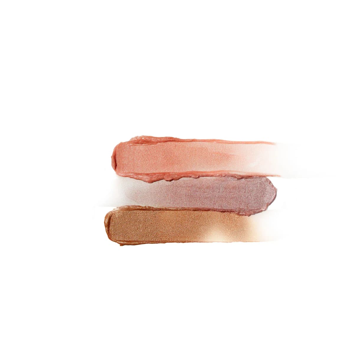 Three shimmery highlighter swatches on white: peachy rose, mauve and golden bronze