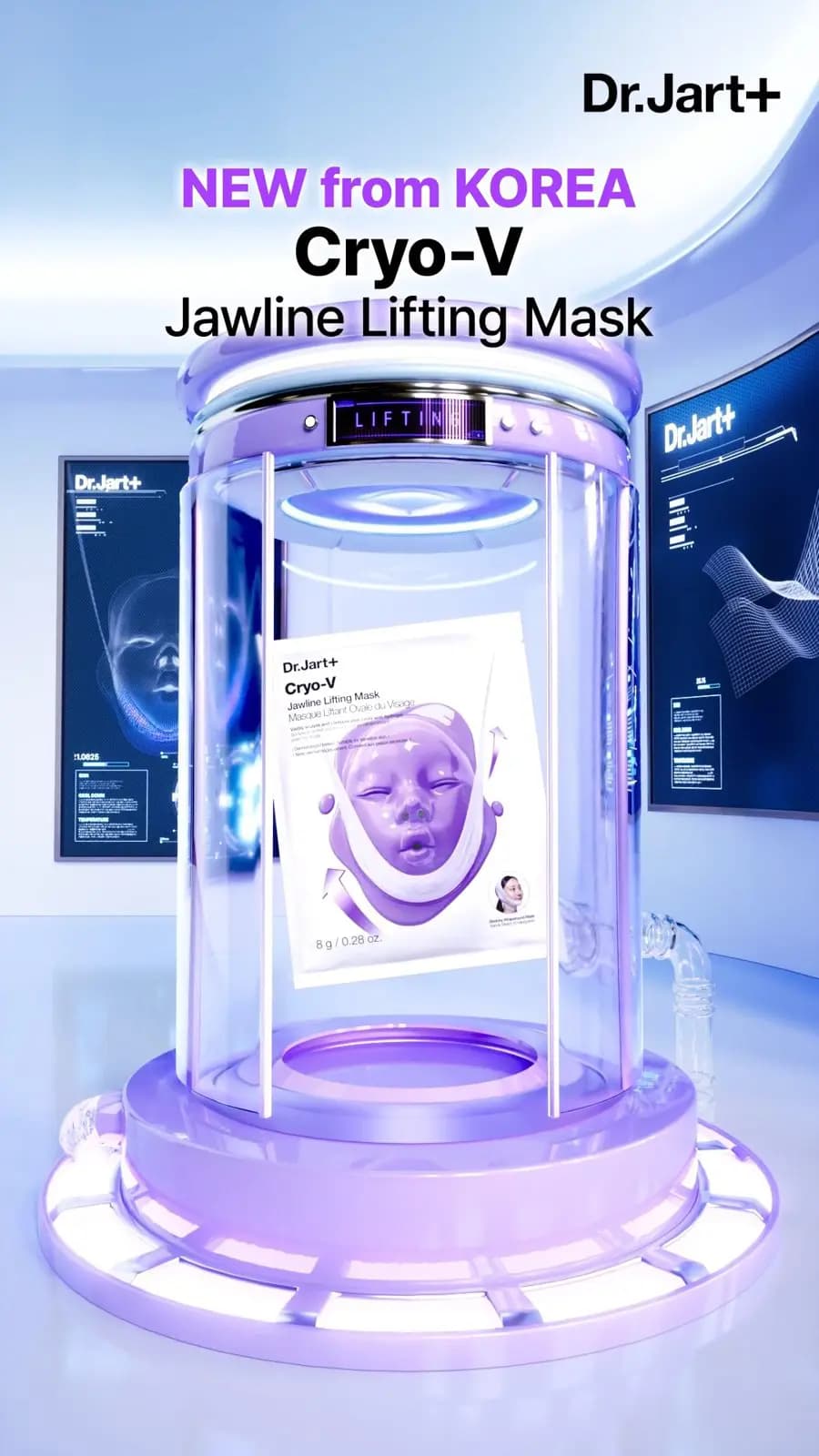 Dr.Jart+ Cryo-V Jawline Lifting Mask sachet displayed inside a futuristic purple-lit glass chamber