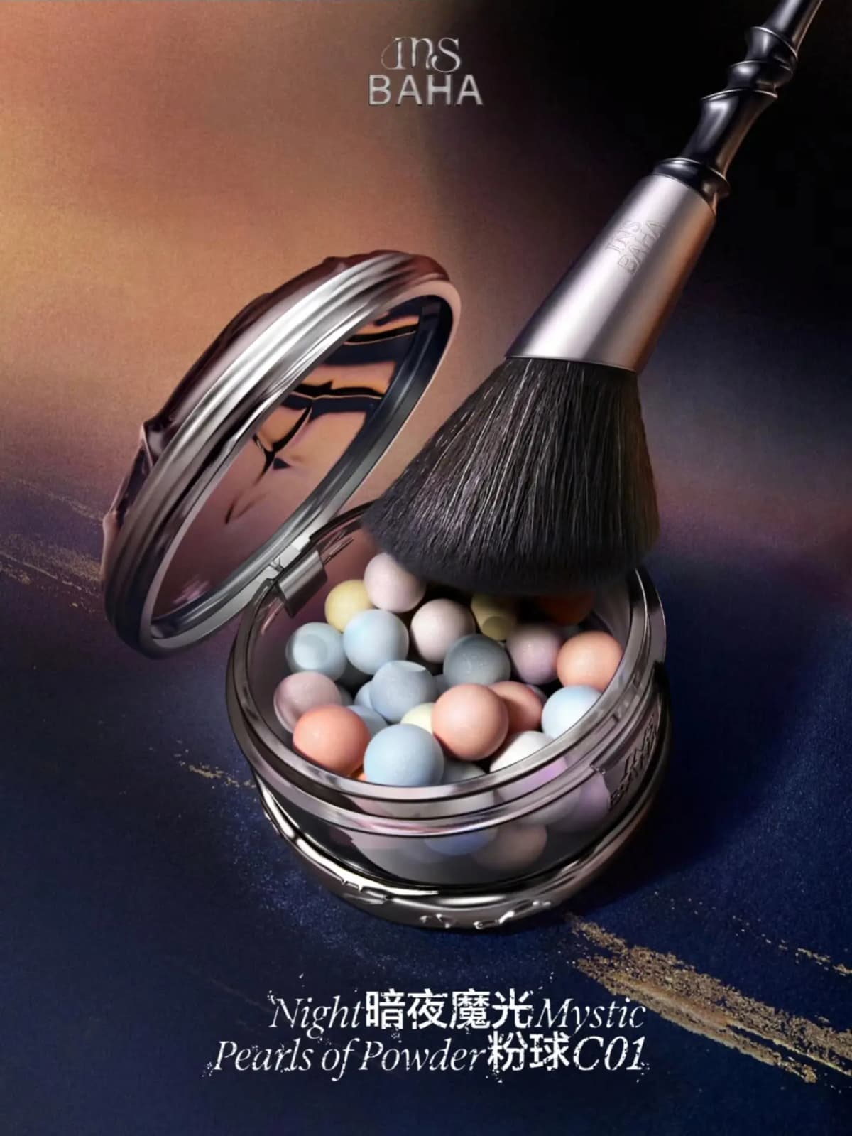 Open compact of Night Mystic Pearls of Powder in pastel blue, pink and yellow orbs paired with a soft black powder brush