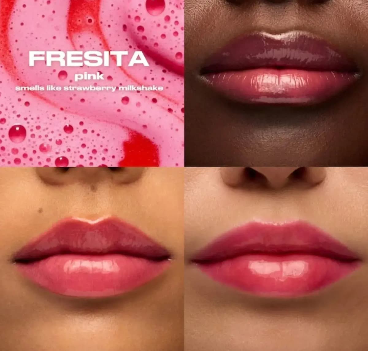 Fresita pink swatch smelling like strawberry milkshake, shown as glossy rosy-pink lips on three different skin tones