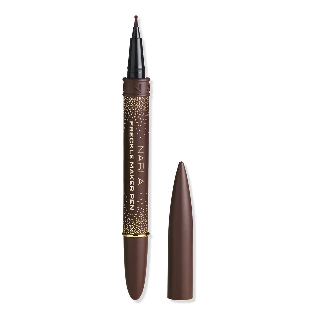 NABLA Freckle Maker Pen in brown with gold speckle print, fine tip uncapped beside the cap