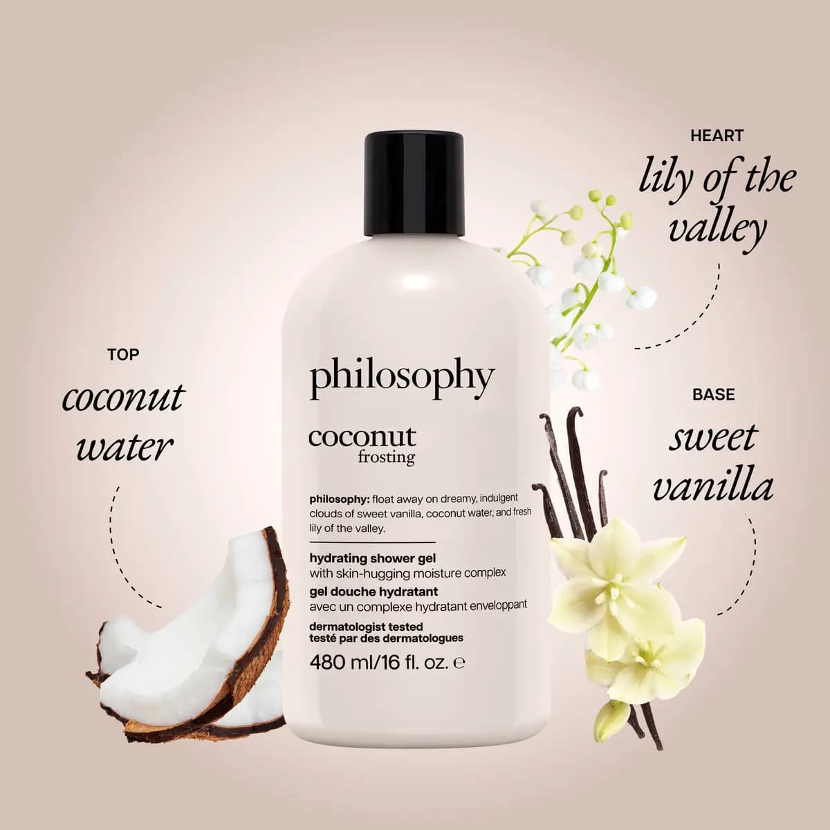Pale blush philosophy coconut frosting 16 oz shower gel with coconut pieces, lily of the valley and vanilla flowers