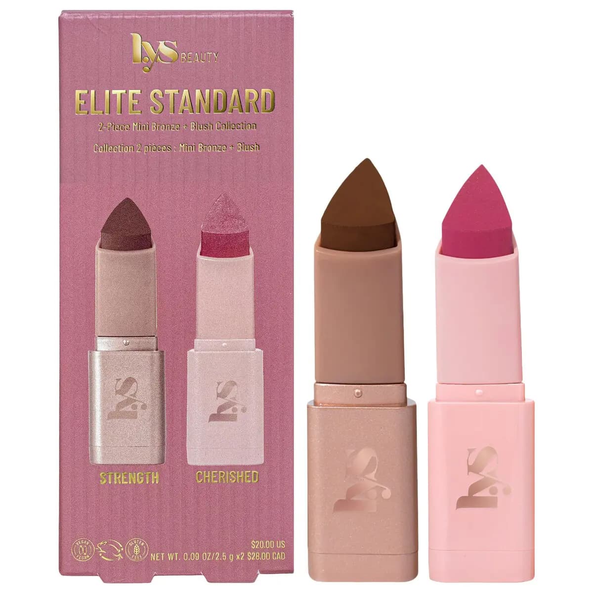 Strength and Cherished Elite Standard set: deep brown bronzer stick and berry blush stick next to their pink box