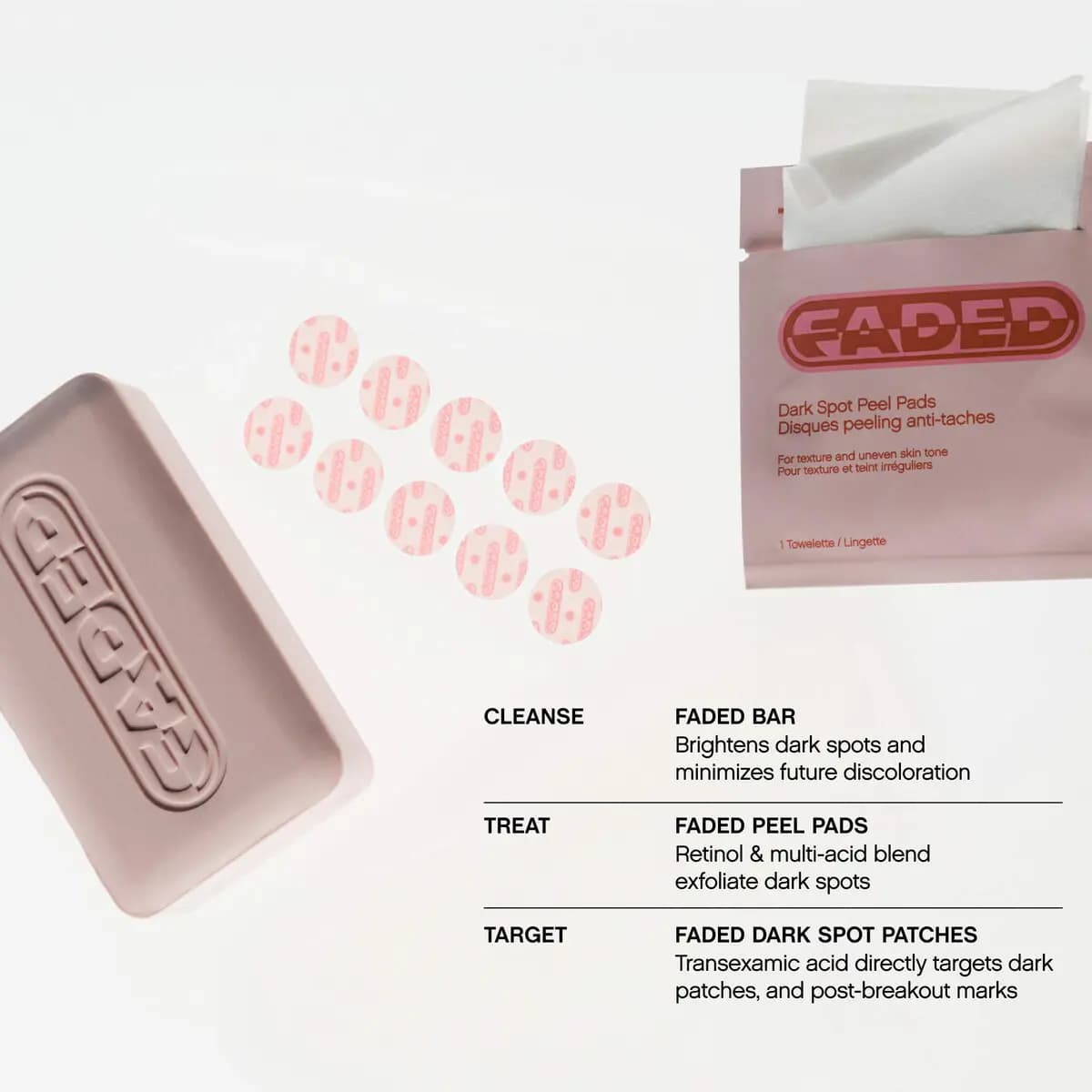 Pink Faded cleansing bar, ten round spot patches and an open peel pad sachet with a Cleanse, Treat, Target key