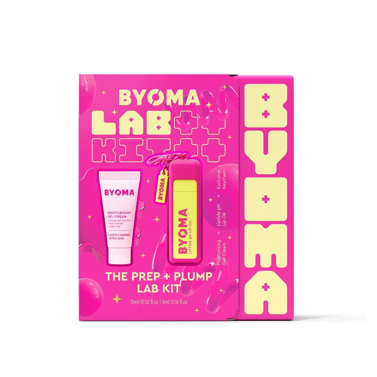 Pink box for The Prep + Plump Lab Kit with gel-cream tube, lip oil and keychain
