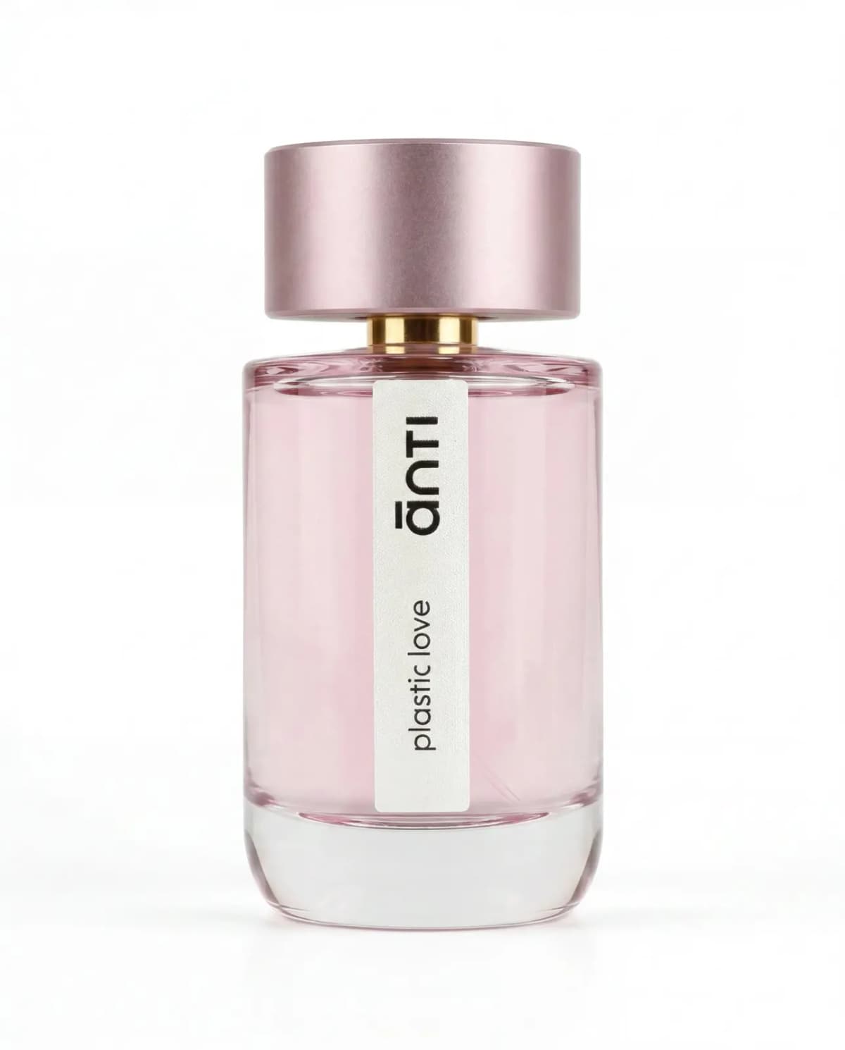 ānti Plastic Love Eau de Parfum 100 ml bottle, pink ombré glass with a brushed pink cap and white label, on a white background