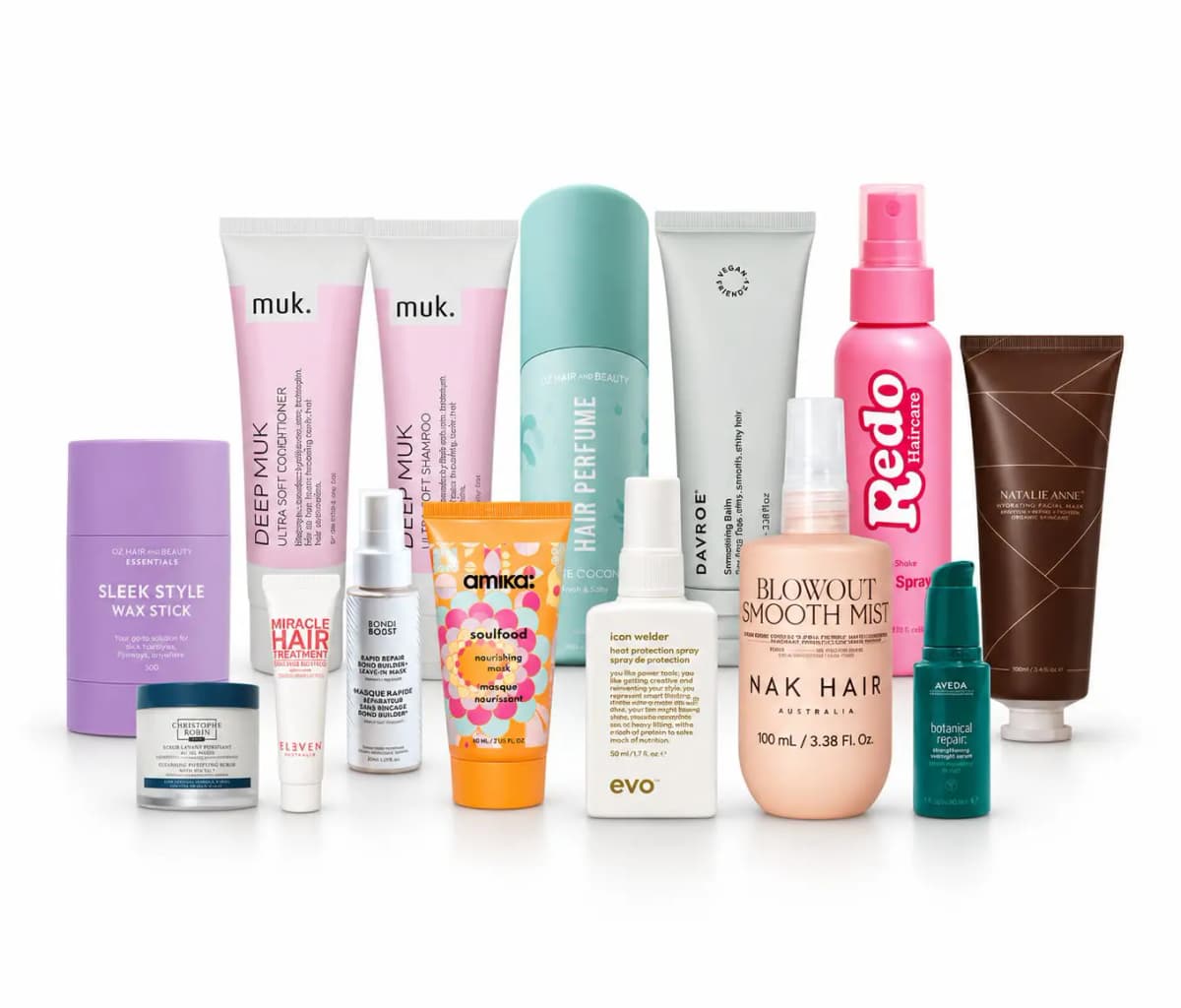 Haircare picks including Muk, Amika, Evo, Nak Hair, Davroe, Aveda and Redo bottles and tubes