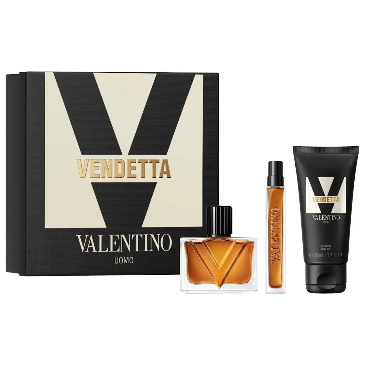 Vendetta Uomo gift set with amber bottle, travel spray and black shower gel tube before black box