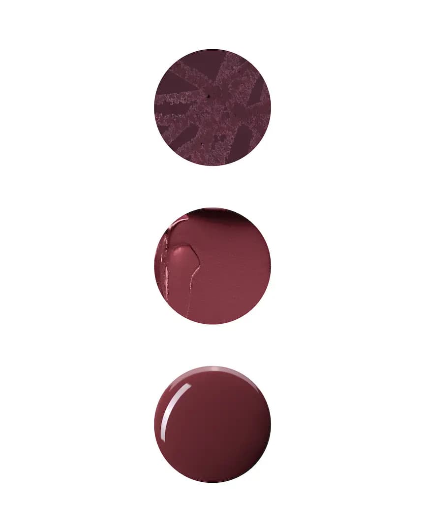 Three circular swatches: plum crayon texture, rosy mauve cream and glossy reddish-brown gloss