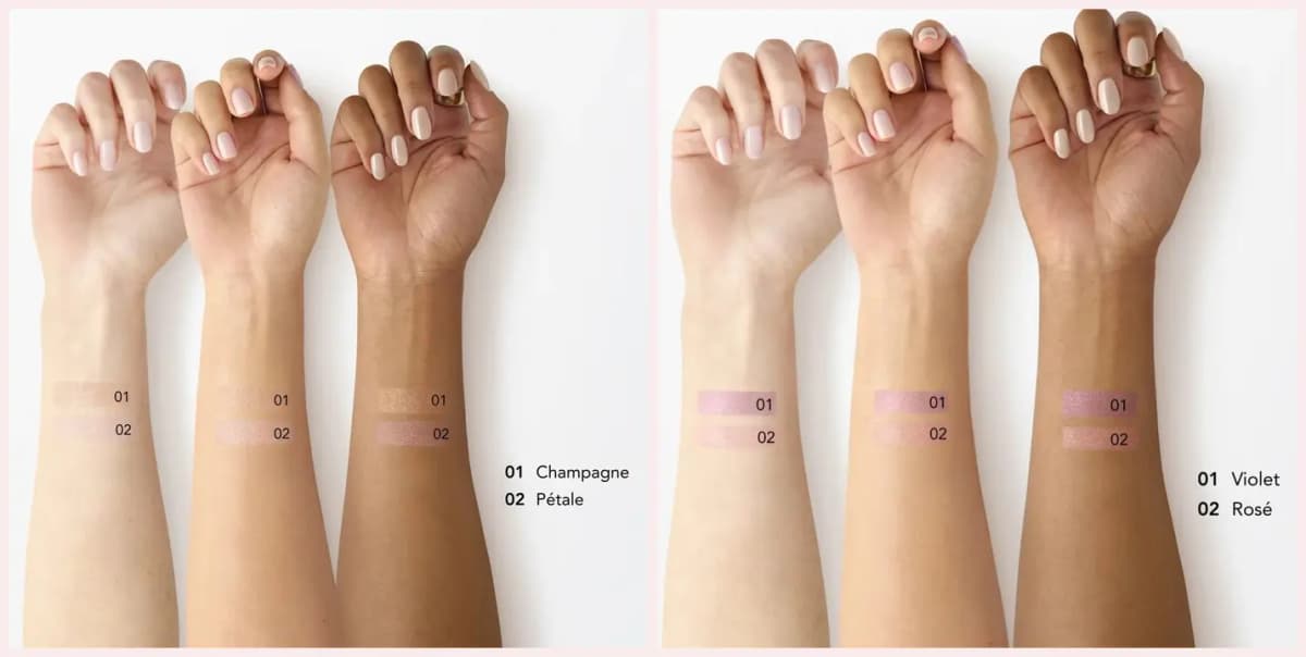 Chantecaille Cheek Light in Champagne and Pétale and Eye Frost in Violet and Rosé swatched on light, medium and deep skin tones