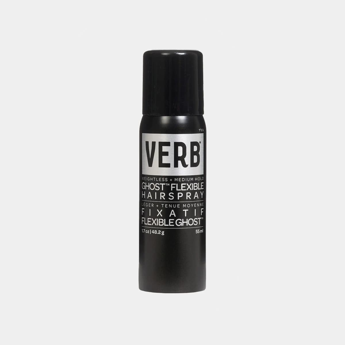 VERB Ghost Flexible Hairspray in a black and silver 55 ml travel-size aerosol can