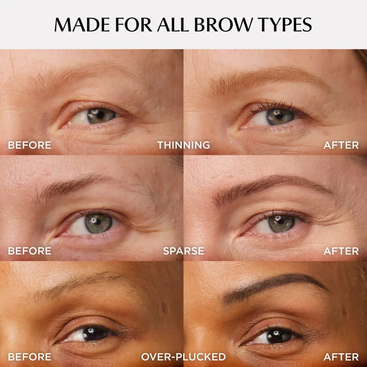 Before-and-after brow close-ups for thinning, sparse and over-plucked brows under the heading Made for All Brow Types.