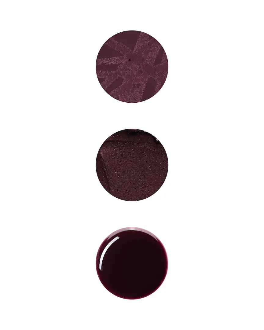 Three dark plum texture swatches in circles: crayon-like, matte cream and glossy black cherry