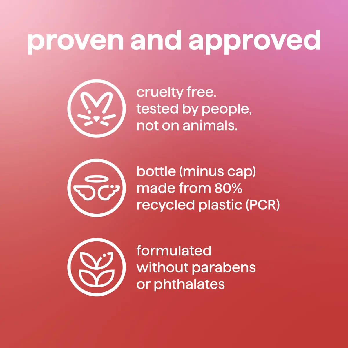 Pink-red gradient graphic "proven and approved" with icons for cruelty free, 80% recycled bottle, no parabens or phthalates