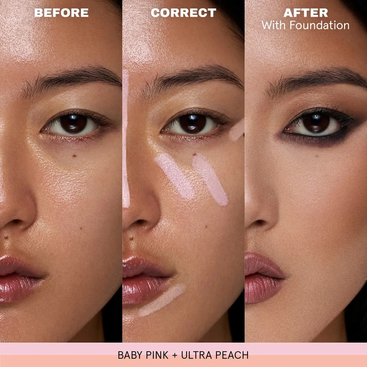 Before, correct and after close-up of a model with Baby Pink and Ultra Peach strokes on cheek, nose and chin