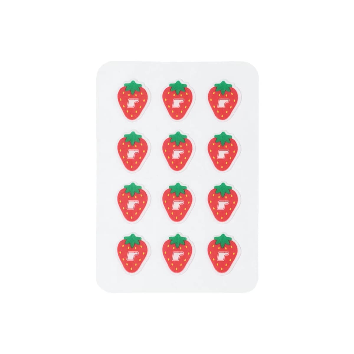 Sheet of twelve red strawberry-shaped Spotwear stickers with green tops and white r logos on a white backing