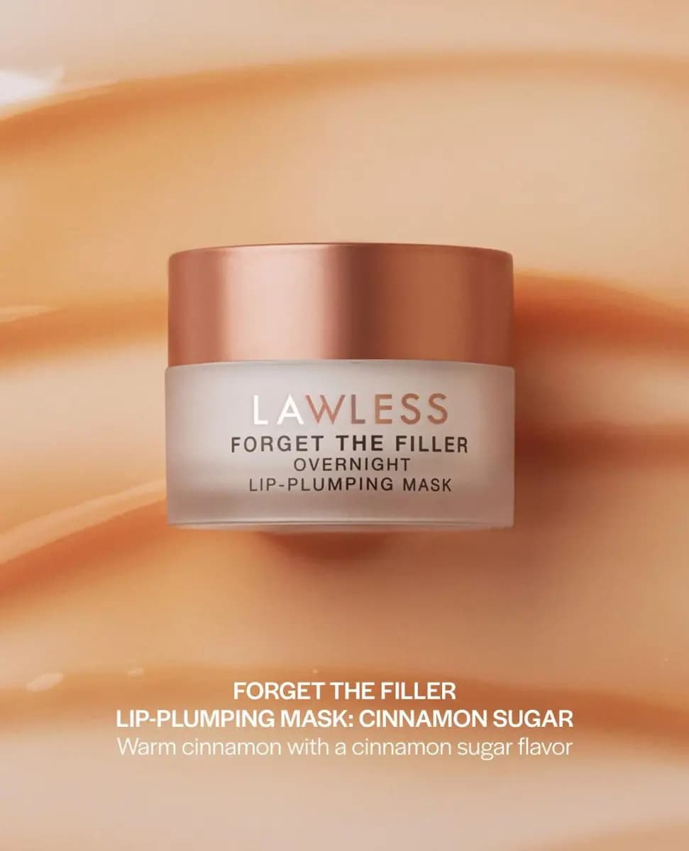 Lawless Forget The Filler Overnight Lip-Plumping Mask in Cinnamon Sugar, a warm cinnamon shade, on a caramel swirl background