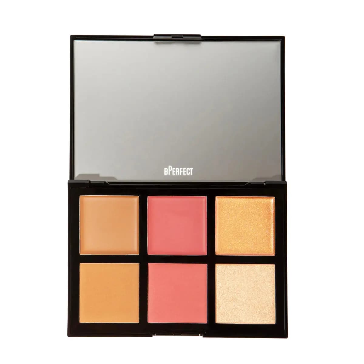 Open black palette with mirror holding six cream shades: two bronzes, two coral blushes and two gold highlighters