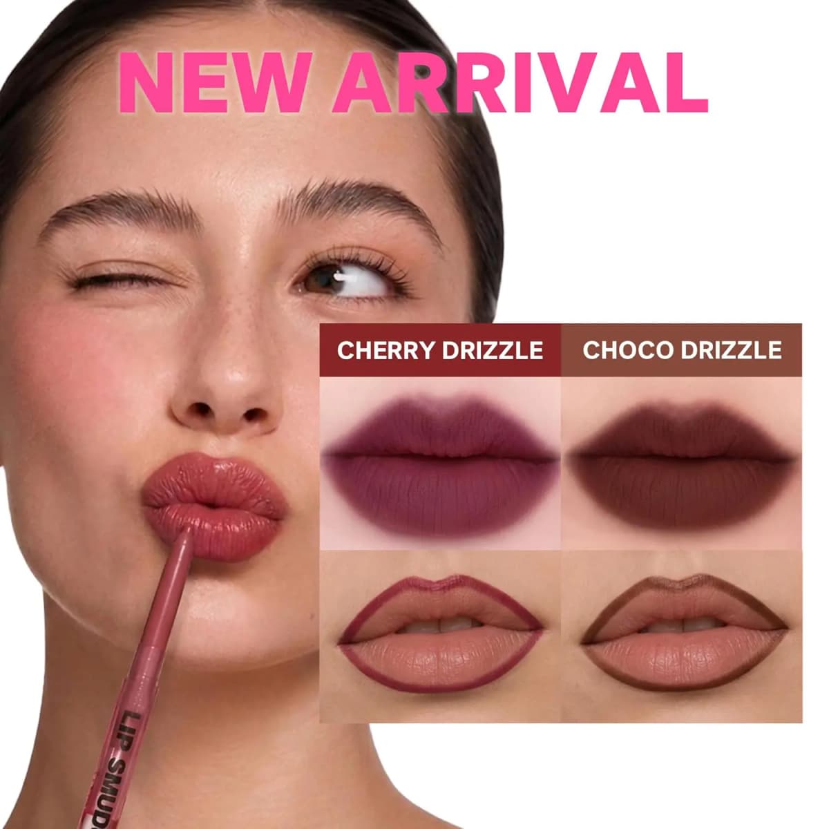 Model puckering pink-nude lips beside comparison panel of Cherry Drizzle and Choco Drizzle lip swatches labeled New Arrival