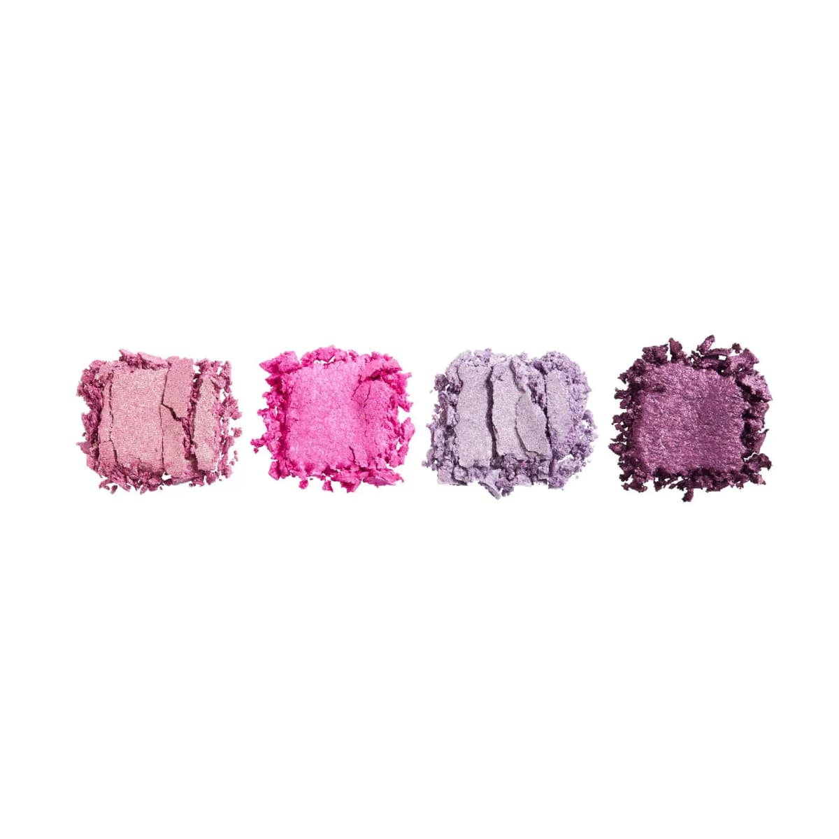 Crushed shimmer powder swatches in rose pink, bright hot pink, pale lilac and deep plum on white