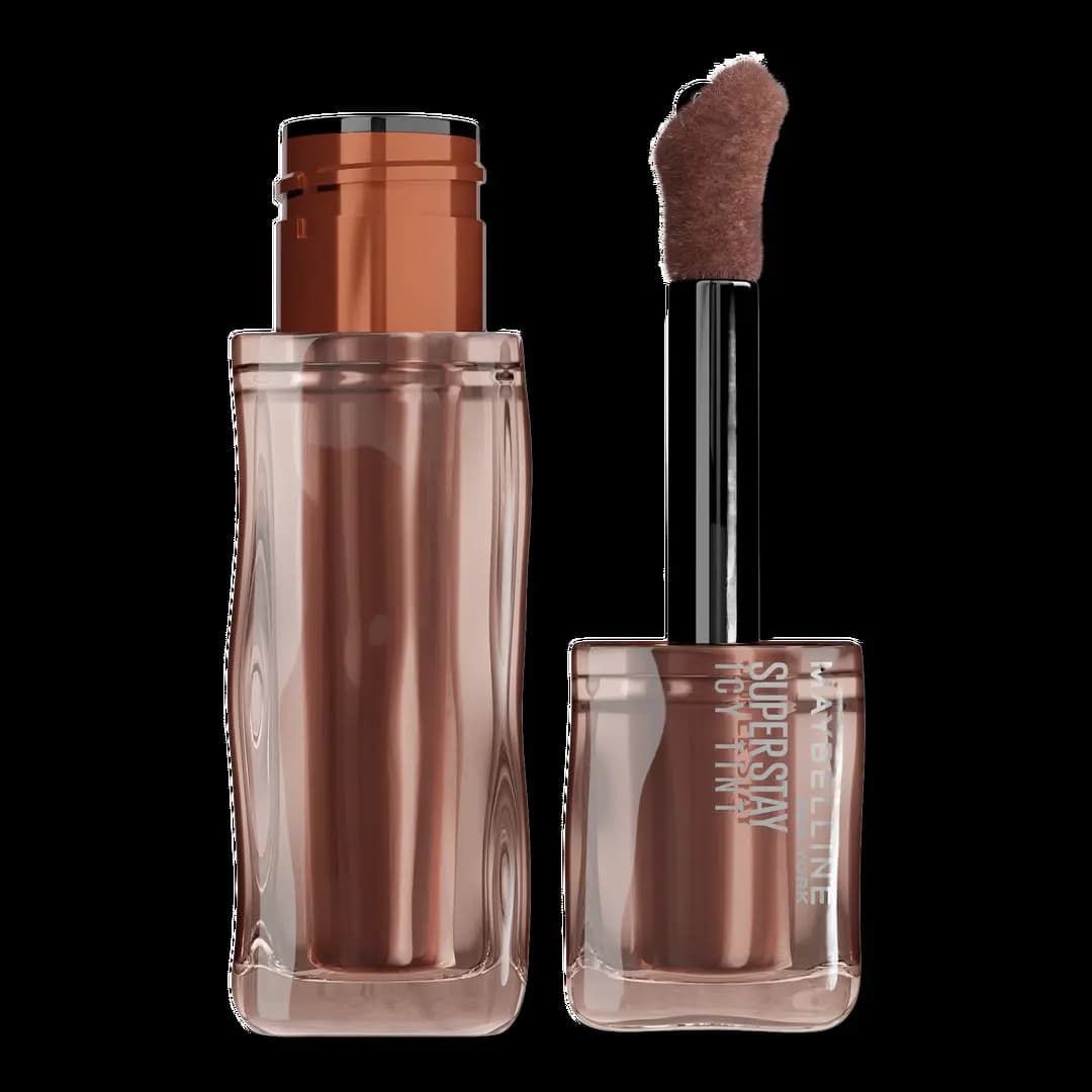 Open brown-tinted wavy bottle with cocoa flocked applicator and Maybelline Super Stay Icy Tint cap