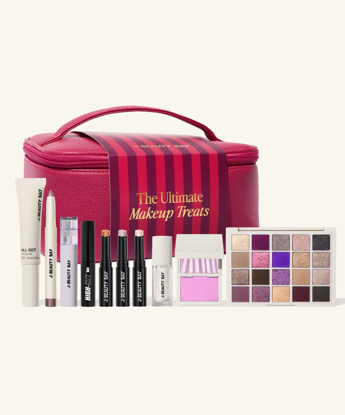 By BEAUTY BAY The Ultimate Makeup Treats makeup kit with pink striped beauty bag, 20-pan palette, shimmer sticks and duo