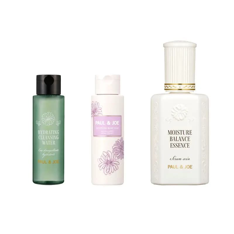 Paul & Joe Hydrating Cleansing Water, lilac Smoothing Body Soap and white Moisture Balance Essence bottle