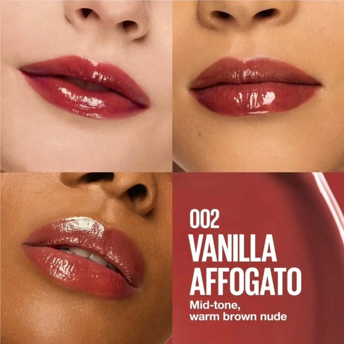 Vanilla Affogato mid-tone warm brown nude shown as glossy brick-red lips on three skin tones