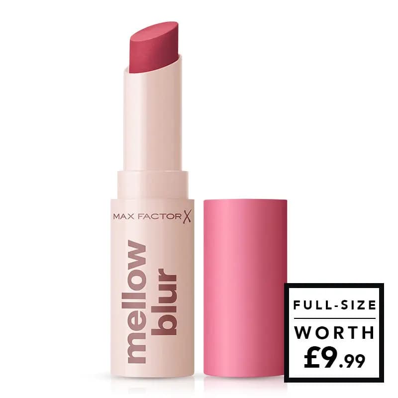 Max Factor mellow blur lipstick in a berry-pink bullet with pale pink tube and pink cap, worth £9.99