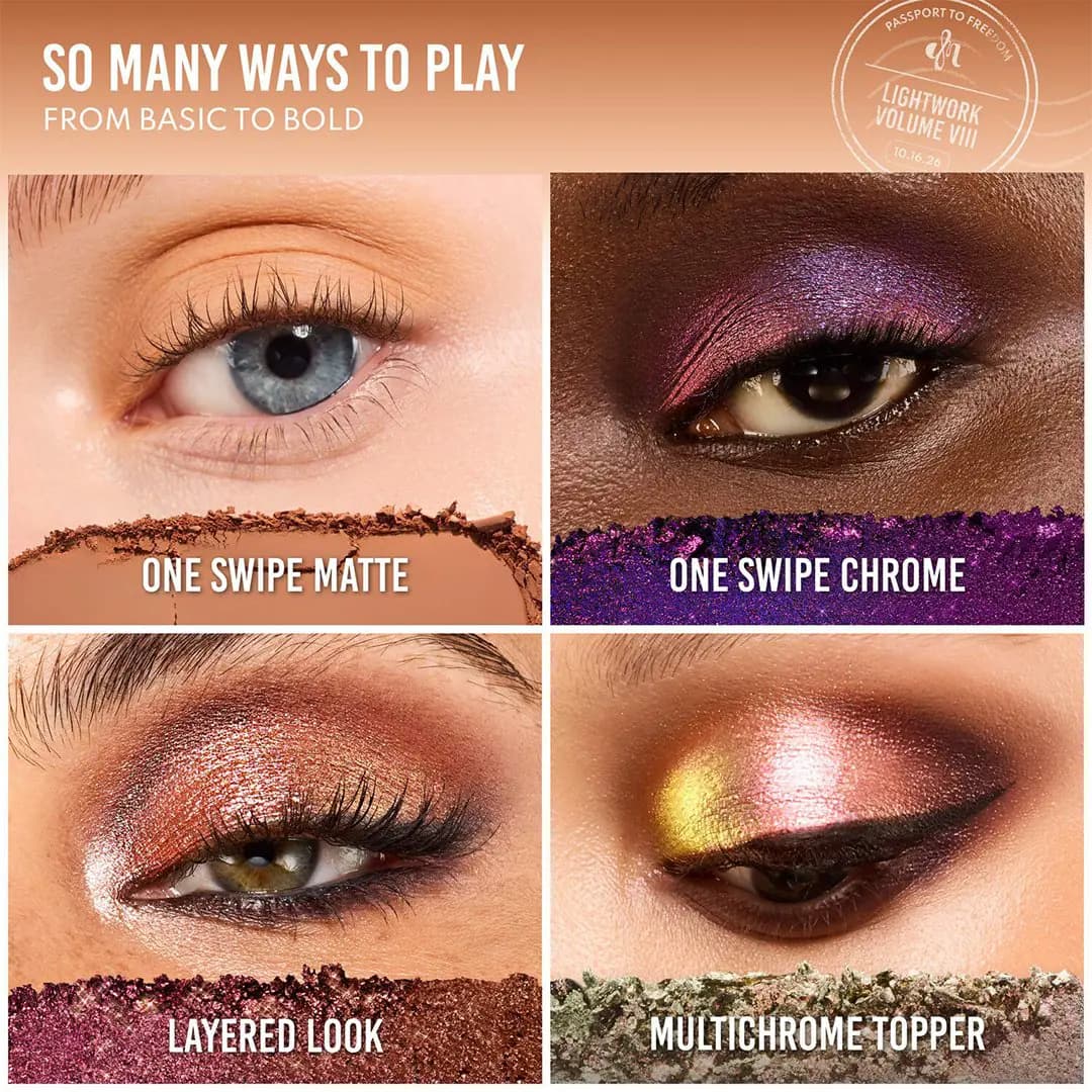 Four eye close-ups showing one-swipe matte, purple chrome, layered copper and a multichrome topper look