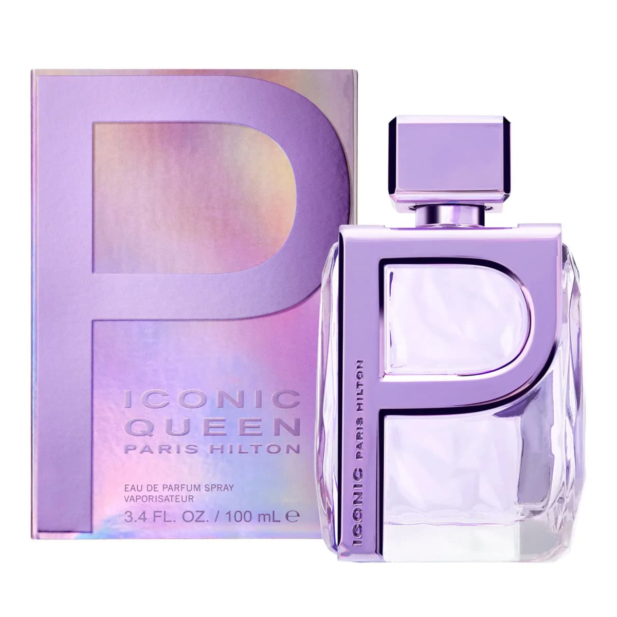ICONIC Queen Paris Hilton 100 ml Eau de Parfum box with holographic lilac P beside the purple faceted bottle