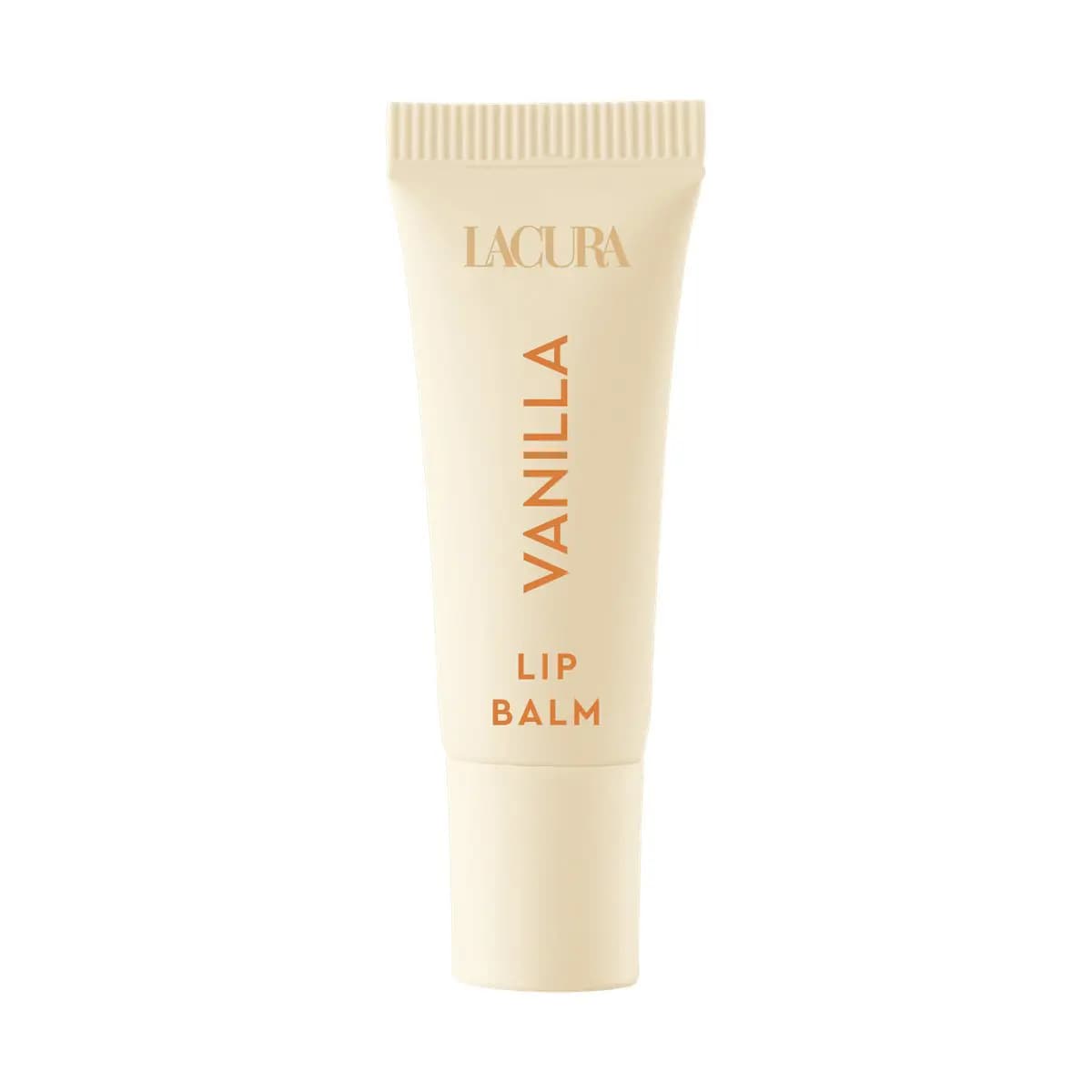 Cream squeeze tube of Lacura Vanilla Lip Balm with orange lettering