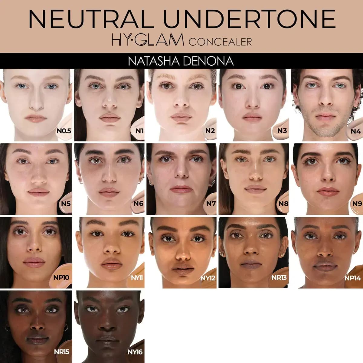 Grid of models' faces, each wearing a neutral-undertone shade from N0.5 to NY16 with a matching swatch.