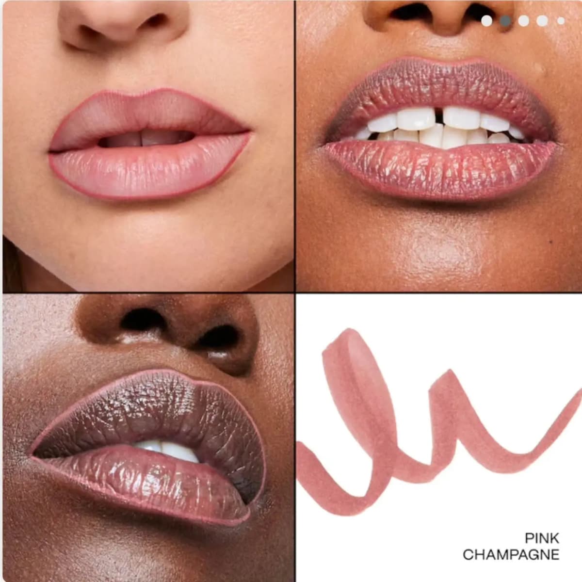 Pink Champagne rosy nude liner lining lips on three skin tones, beside a looping swatch on white