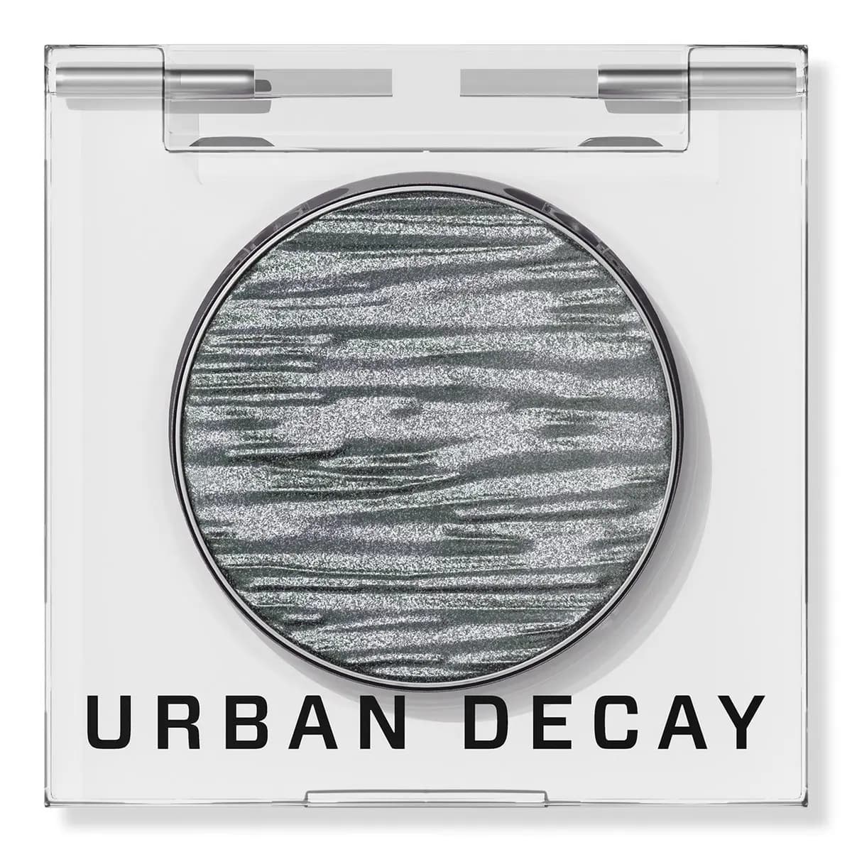 Urban Decay Chrome Melts in Temper Tantrum, a rippled metallic silver eyeshadow in a clear square case.