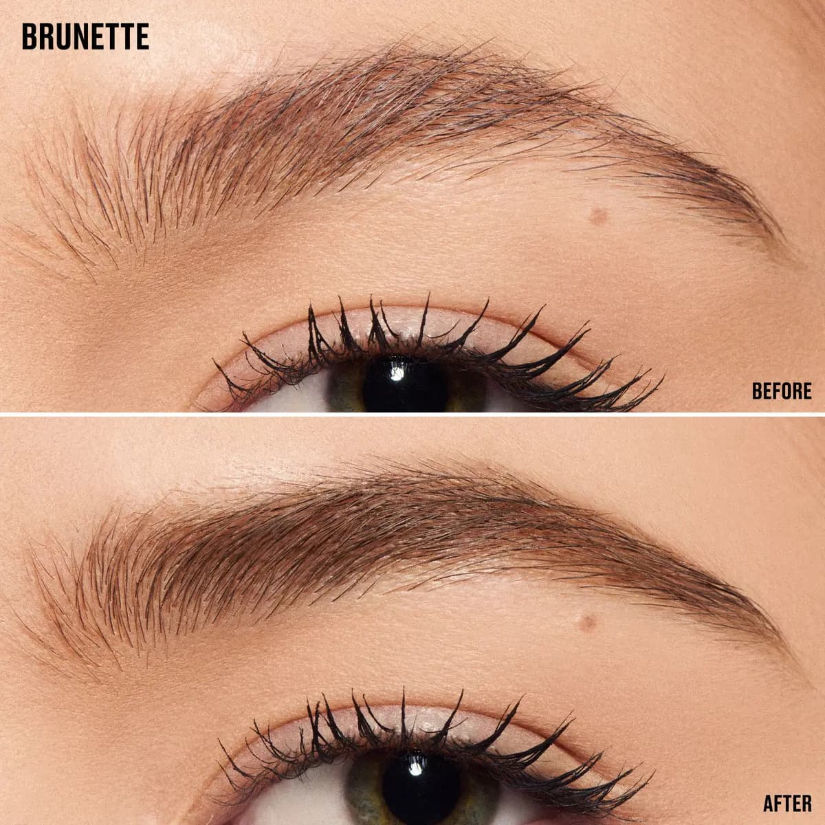 Before and after close-up of a brunette brow, sparse on top and fuller, defined and groomed below